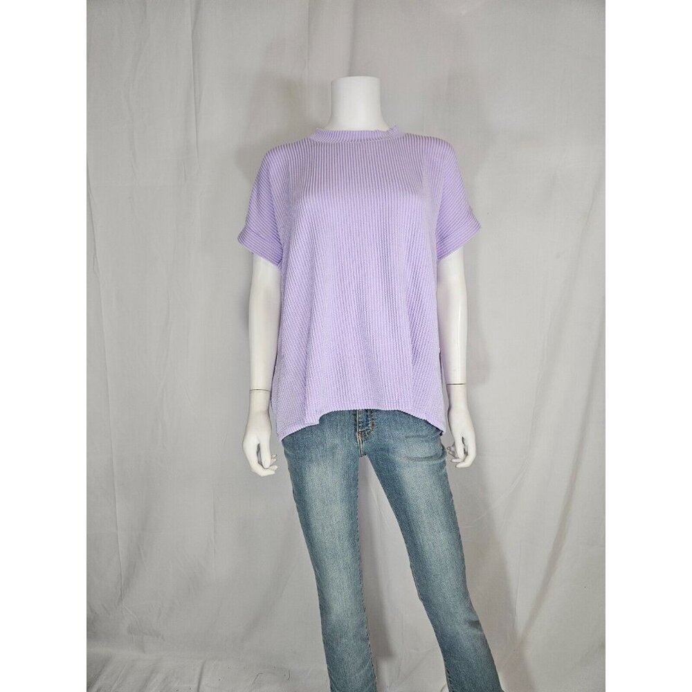 Entro Lavender Round Neck Over Size Ribbed Short Cap Sleeve